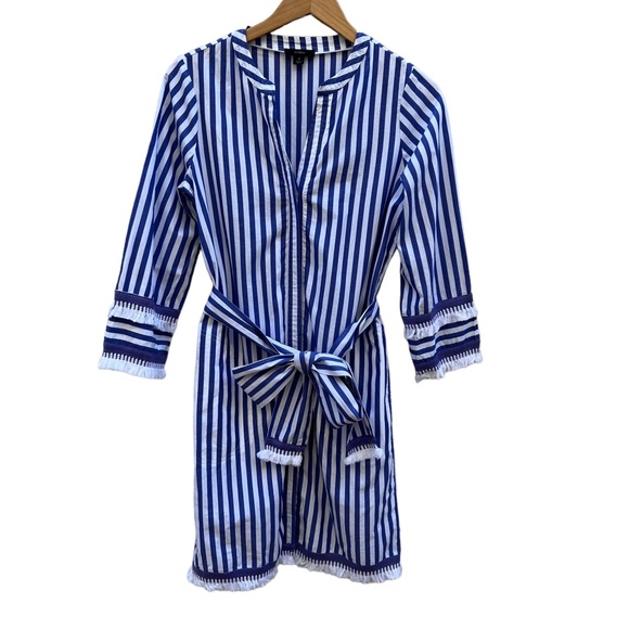 J.Crew Belted Cotton Poplin Tunic Dress Blue/White Stripe Tassels NWOT Size 0 - Picture 5 of 15